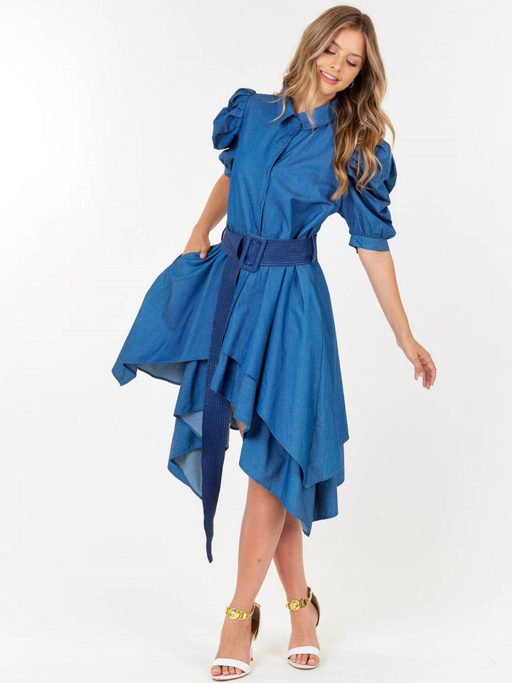 WOMEN'S SHORT PUFF SLEEVE BUTTON UP FRONT BELT HIGH-LOW DENIM MIDI DRESS