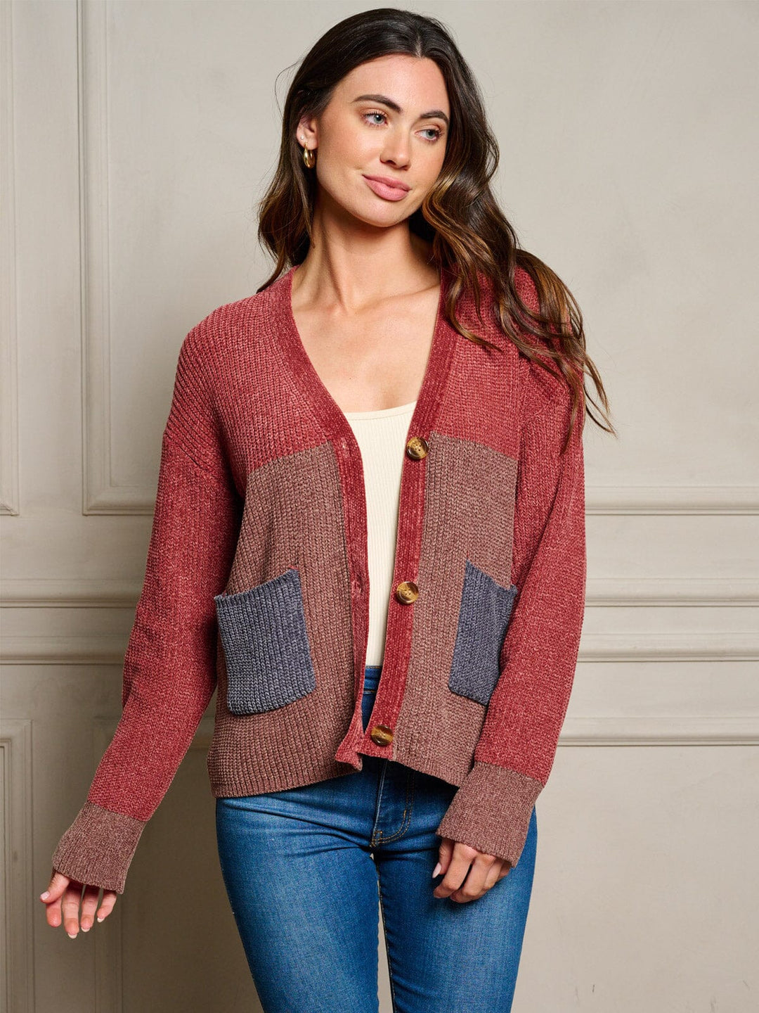 WOMEN'S LONG SLEEVE POCKETS COLORBLOCK BUTTON UP SWEATER CARDIGAN