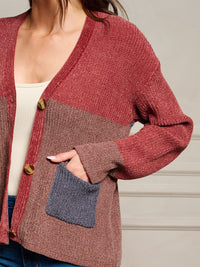 WOMEN'S LONG SLEEVE POCKETS COLORBLOCK BUTTON UP SWEATER CARDIGAN