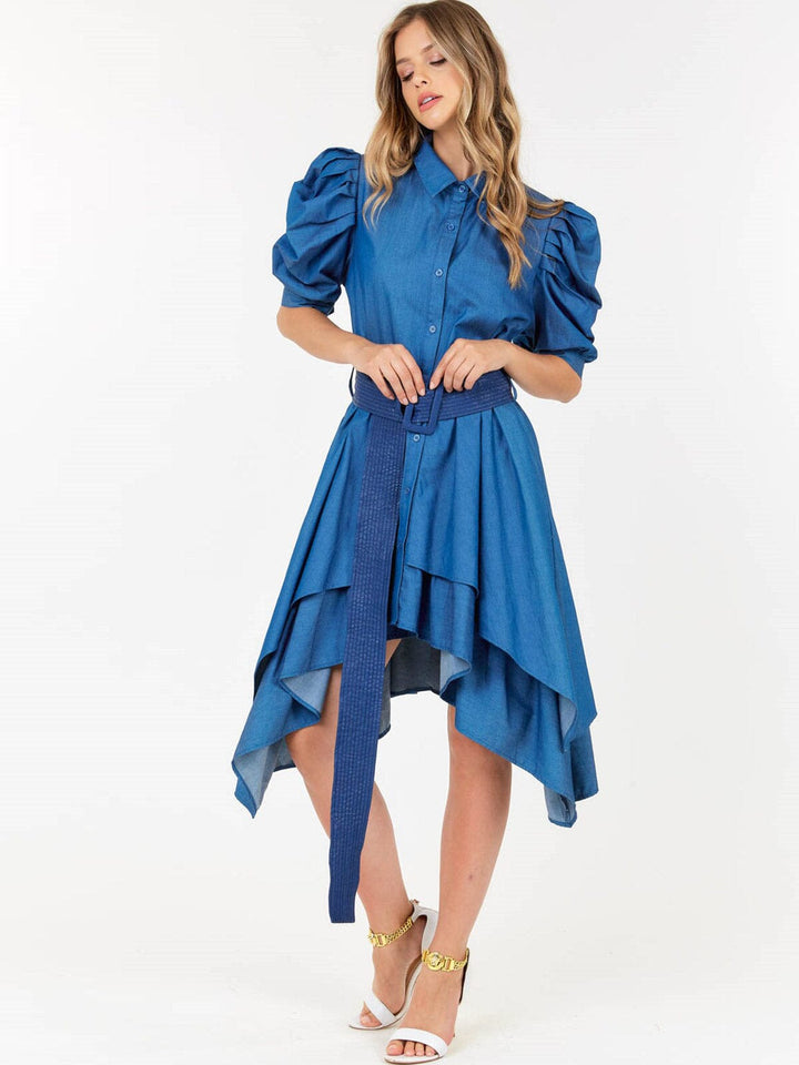 WOMEN'S SHORT PUFF SLEEVE BUTTON UP FRONT BELT HIGH-LOW DENIM MIDI DRESS