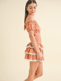 WOMEN'S OFF SHOULDER CROP TOP & ELASTIC WAIST MINI SKIRT RUFFLE FLORAL 2PC. SET