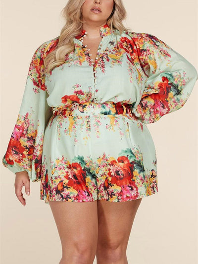 PLUS SIZE PUFF LONG SLEEVE TOP & SHORTS FLORAL SET