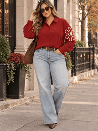 PLUS SIZE LONG SLEEVE BUTTON UP EMBROIDERY DETAILED BLOUSE