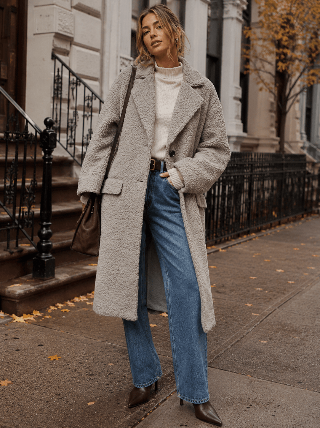 WOMEN'S LONG SLEEVE BUTTON CLOSURE FRONT POCKETS SHERPA COAT