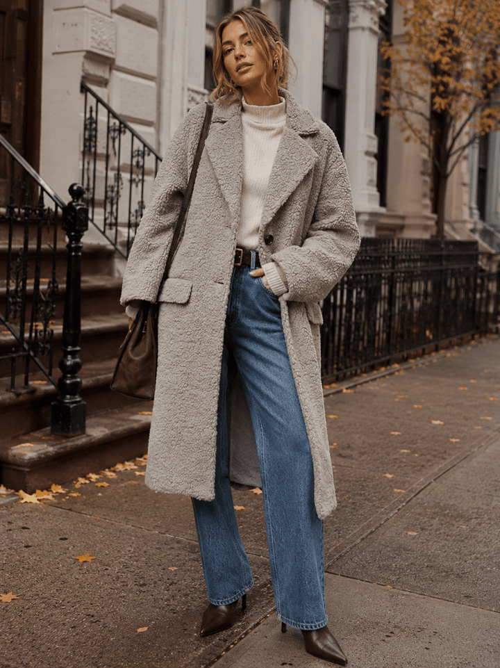 WOMEN'S LONG SLEEVE BUTTON CLOSURE FRONT POCKETS SHERPA COAT