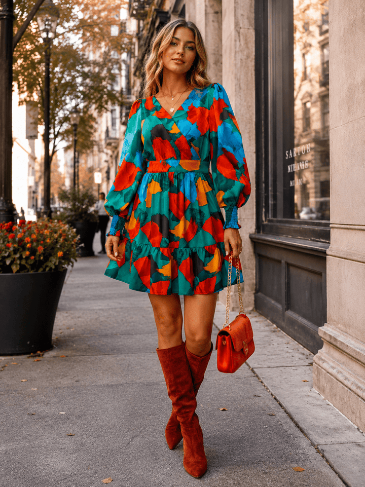 ENTRO WOMEN'S LONG SLEEVE SURPLICE ELASTIC WAIST MULTI PRINT MINI DRESS