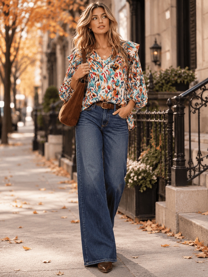 ENTRO WOMEN'S 3/4 SLEEVE V-NECK MULTI PRINT BLOUSE