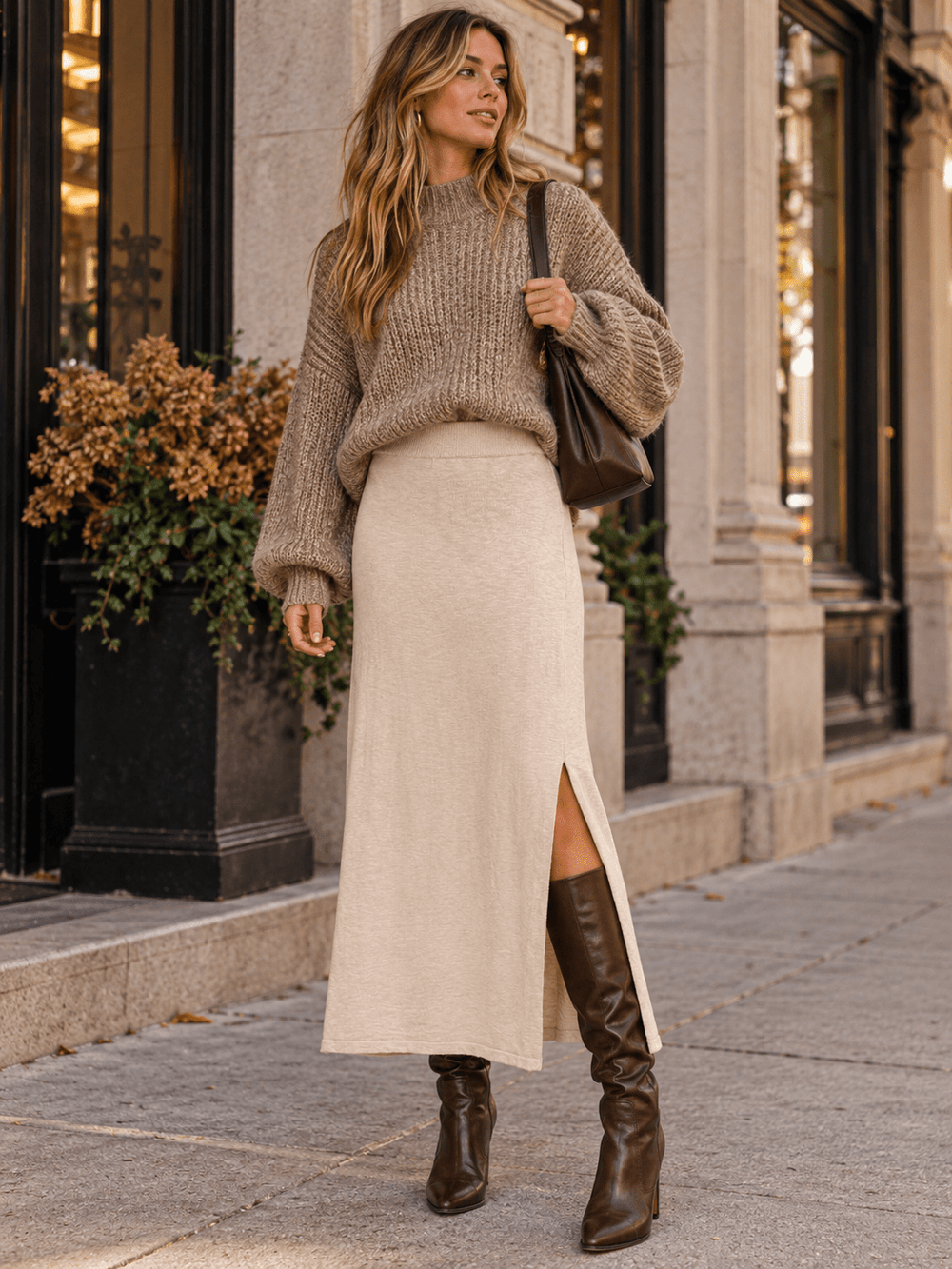 WOMEN'S ELASTIC WAIST SIDE SLIT MAXI SKIRT