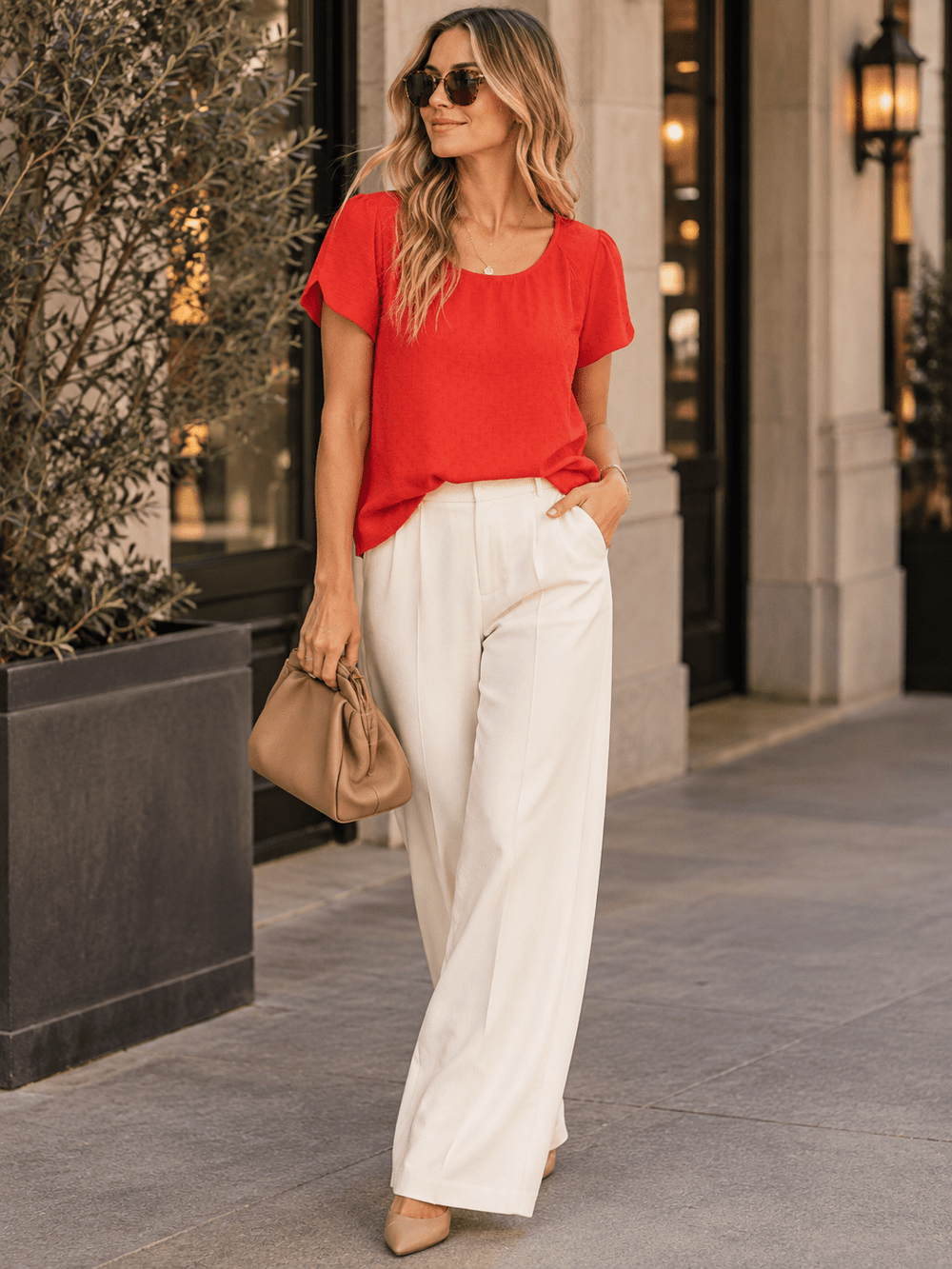 WOMEN'S SHORT SLEEVE HIGH-LOW DETAILED BLOUSE