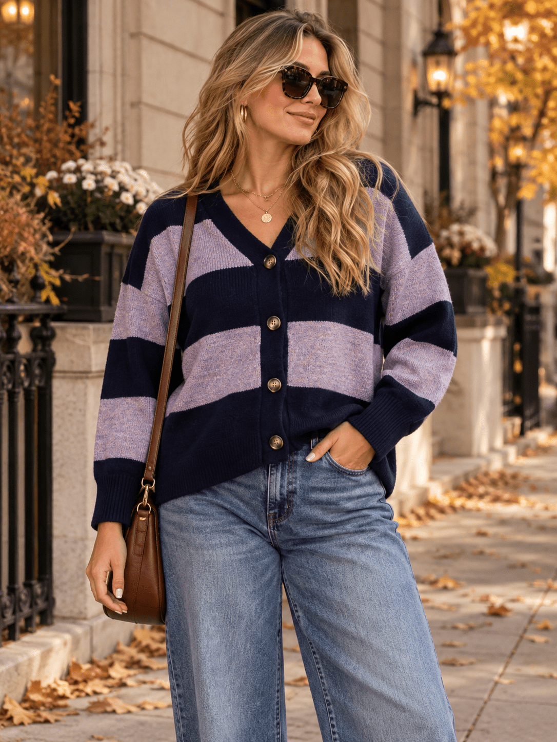 WOMEN'S LONG SLEEVE V-NECK BUTTON UP COLORBLOCK STRIPES SWEATER