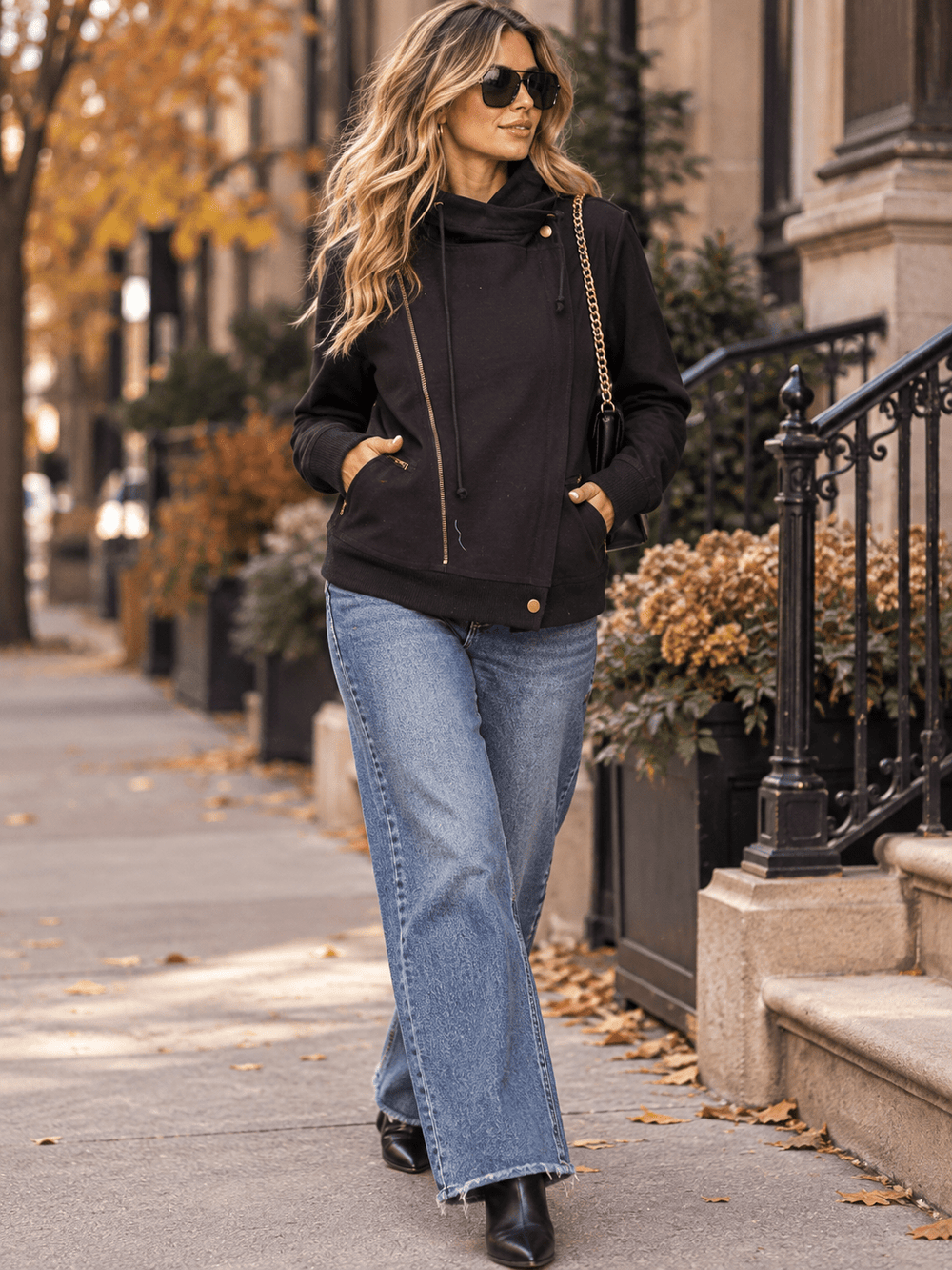 WOMEN'S LONG SLEEVE ZIPPER CLOSURE FRONT POCKETS HOODED JACKET