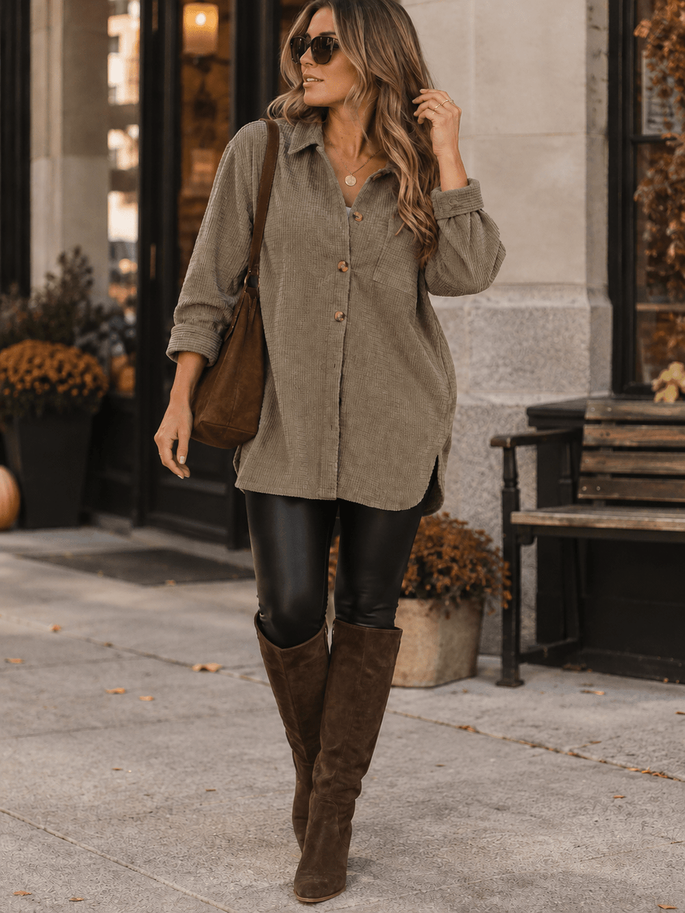 WOMEN'S LONG SLEEVE BUTTON UP FRONT POCKET CORDUROY SHIRT