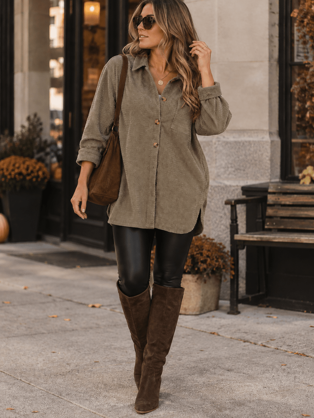 WOMEN'S LONG SLEEVE BUTTON UP FRONT POCKET CORDUROY SHIRT