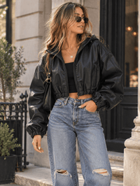 WOMEN'S LONG SLEEVE ZIP UP FRONT POCKETS ELASTIC WAIST HOODED BOMBER JACKET