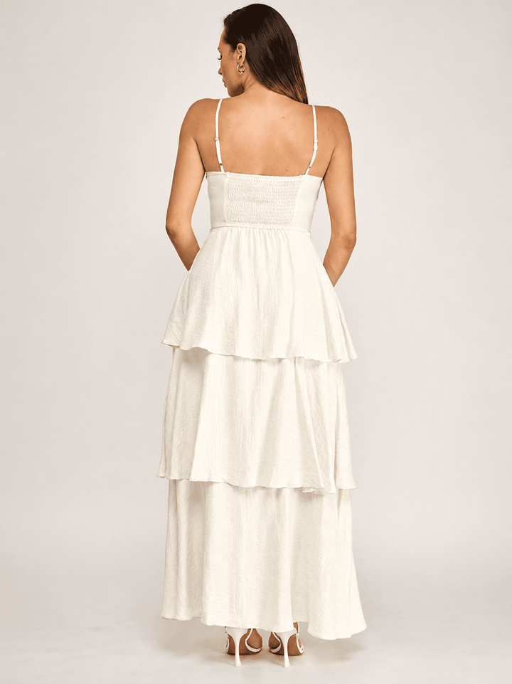 WOMEN'S SLEEVELESS V-NECK RUFFLE TIERED MAXI DRESS