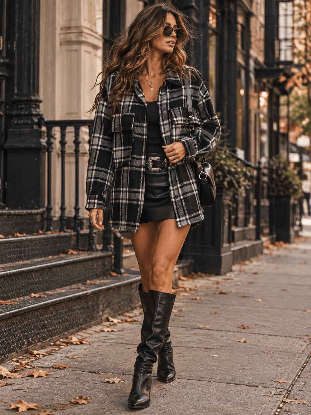 WOMEN'S LONG SLEEVE BUTTON CLOSURE FRONT POCKET PLAID JACKET