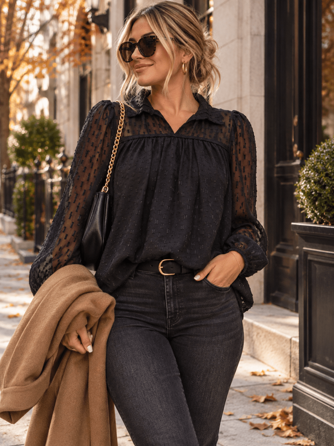 WOMEN'S LONG SLEEVE V-NECK DETAILED BLOUSE