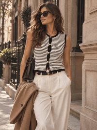 WOMEN'S SLEEVELESS BUTTON UP COLORBLOCK KNITTED TOP