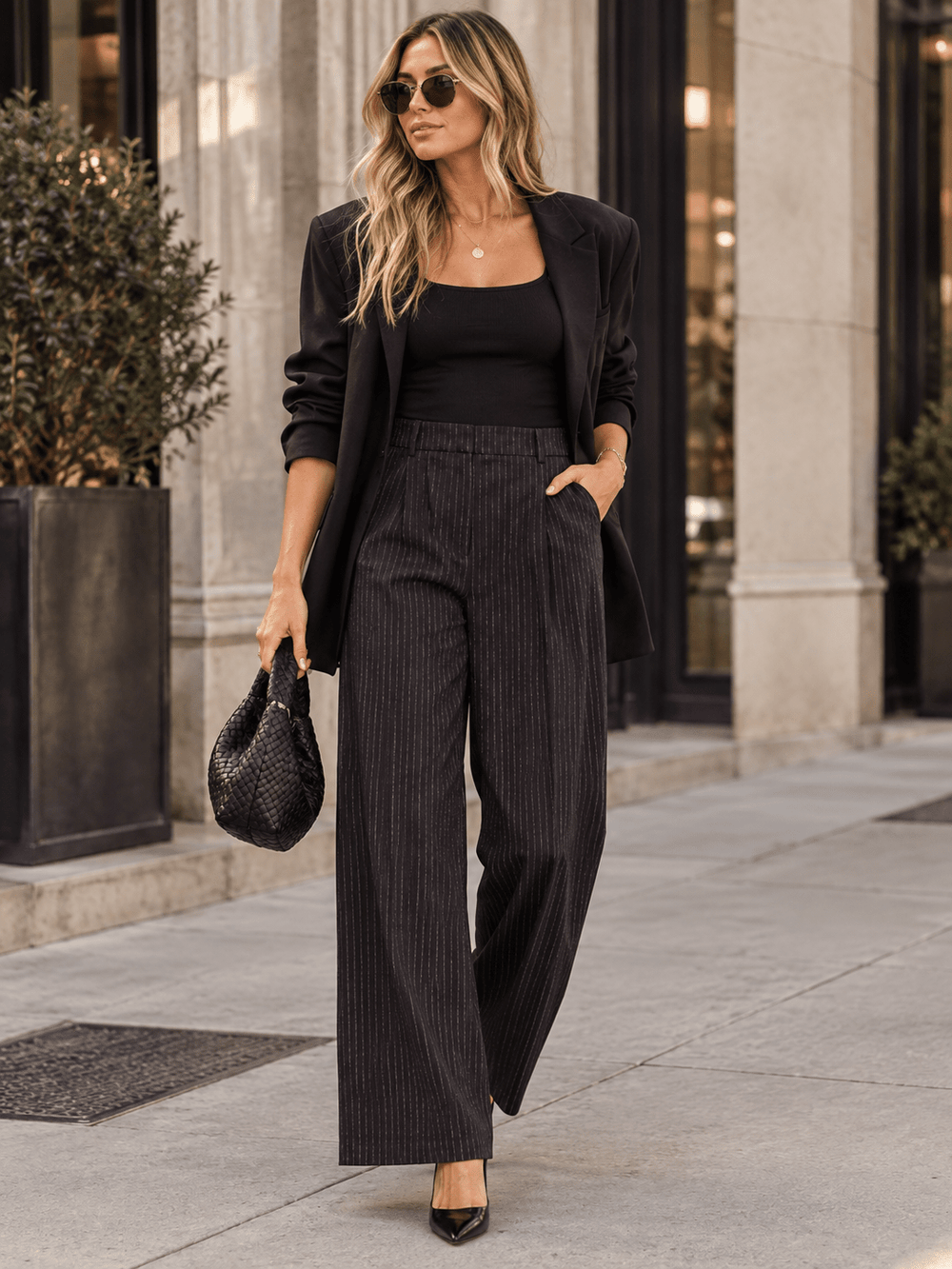 WOMEN'S BUTTON CLOSURE POCKETS STRIPES WIDE LEG PANTS