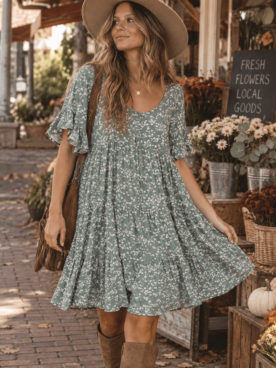WOMEN'S SHORT SLEEVE BUTTON UP FRONT POCKETS FLORAL TUNIC MINI DRESS