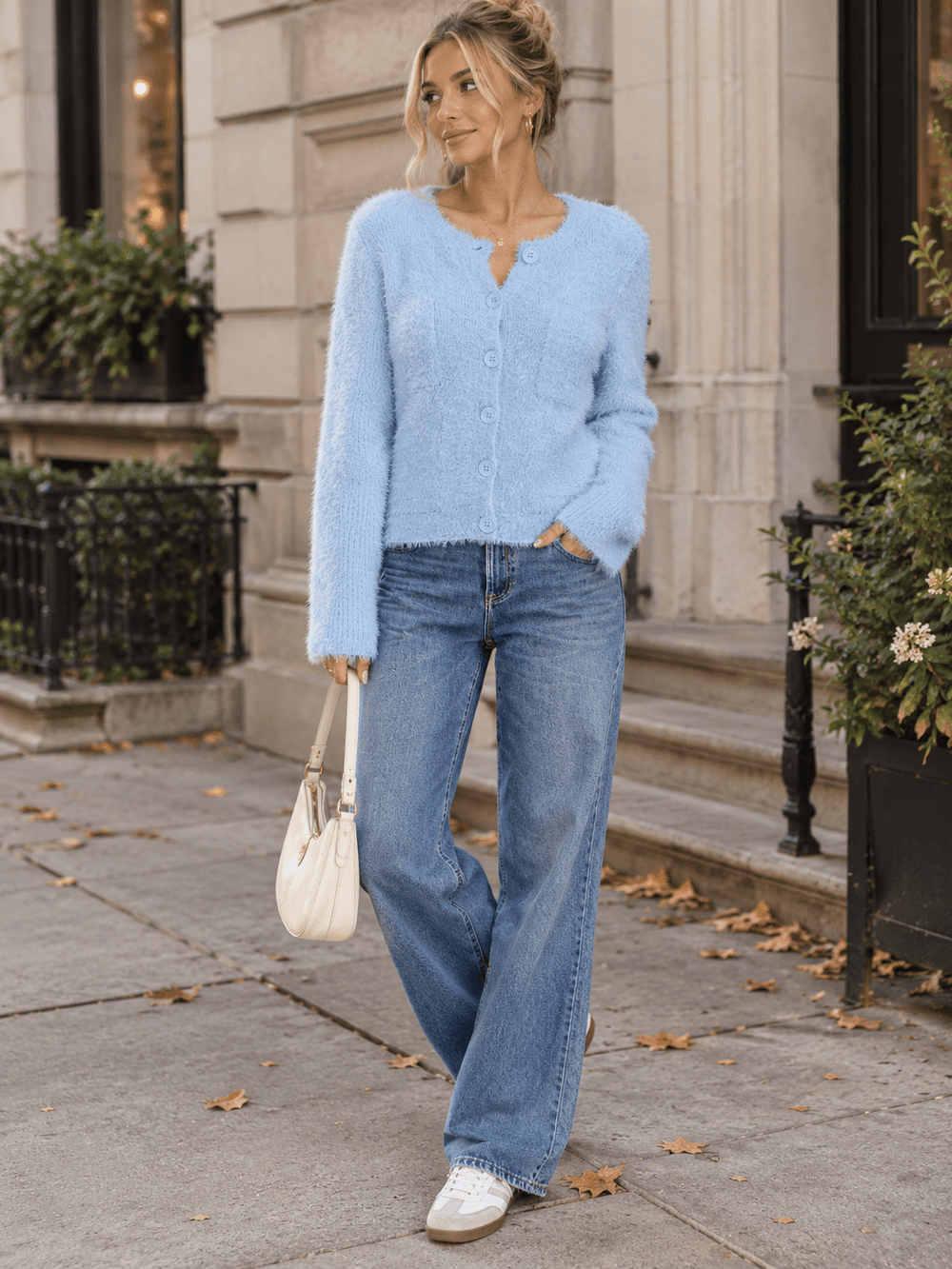 WOMEN'S LONG SLEEVE BUTTON CLOSURE FRONT POCKETS FUZZY SWEATER