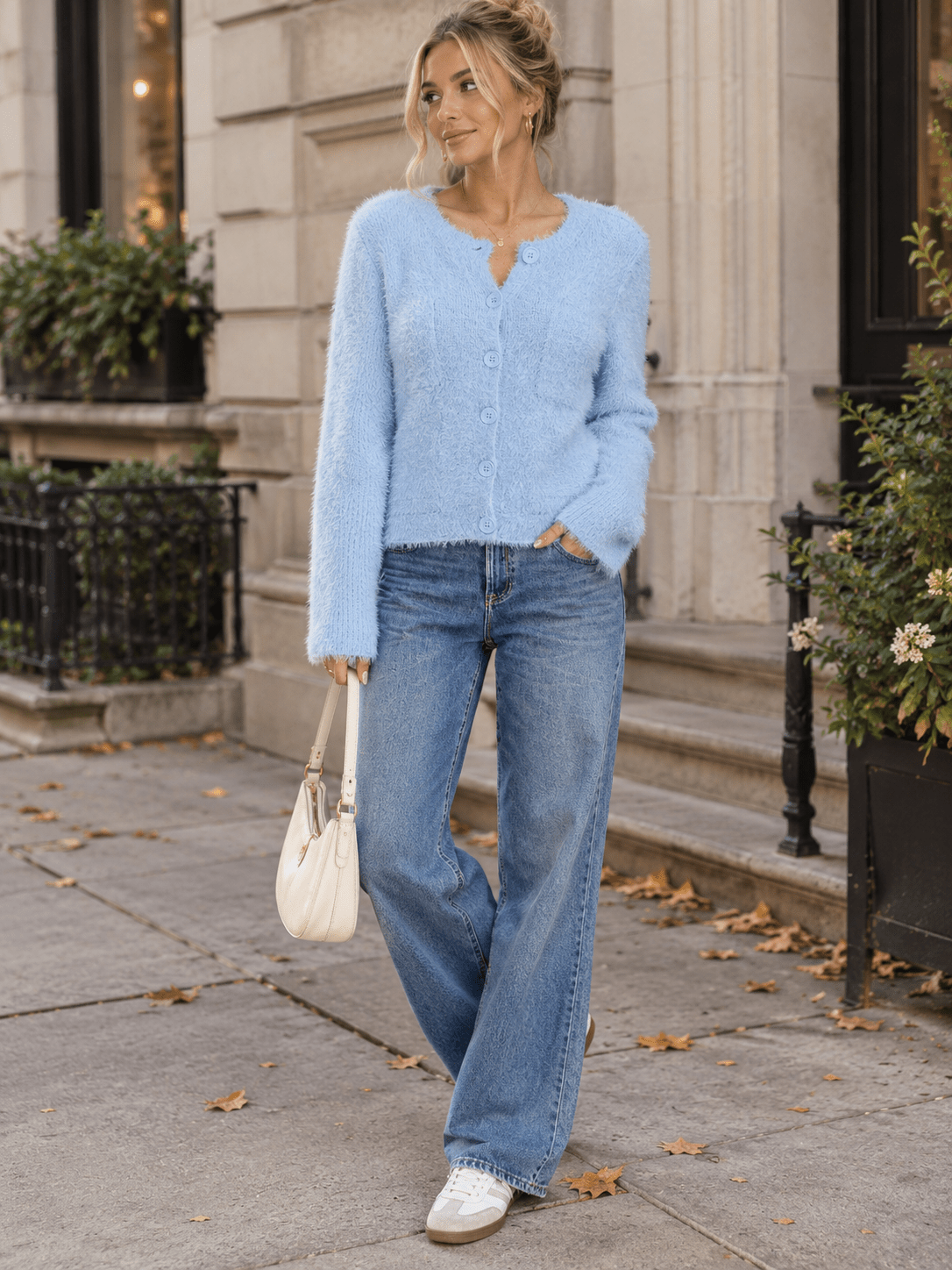 WOMEN'S LONG SLEEVE BUTTON CLOSURE FRONT POCKETS FUZZY SWEATER