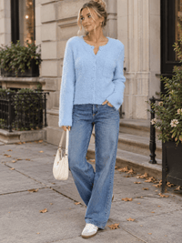 WOMEN'S LONG SLEEVE BUTTON CLOSURE FRONT POCKETS FUZZY SWEATER