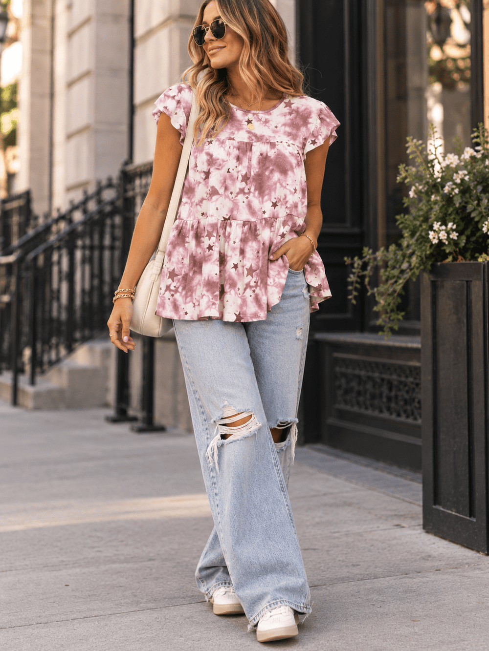 ENTRO WOMEN'S SHORT RUFFLE SLEEVE TIE DYE TUNIC BLOUSE
