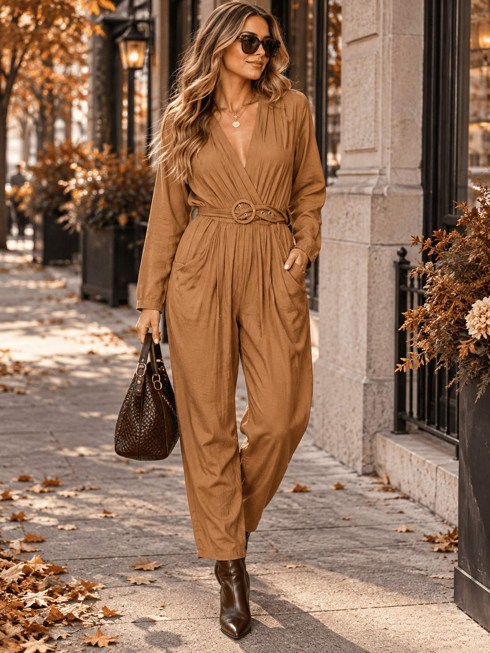 WOMEN'S LONG SLEEVE V-NECK SURPLICE FRONT POCKETS BELTED JUMPSUIT
