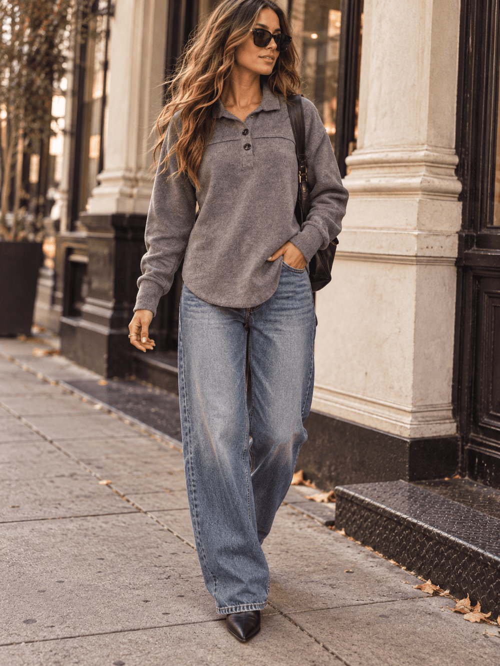 WOMEN'S LONG SLEEVE V-NECK BUTTON CLOSURE TOP