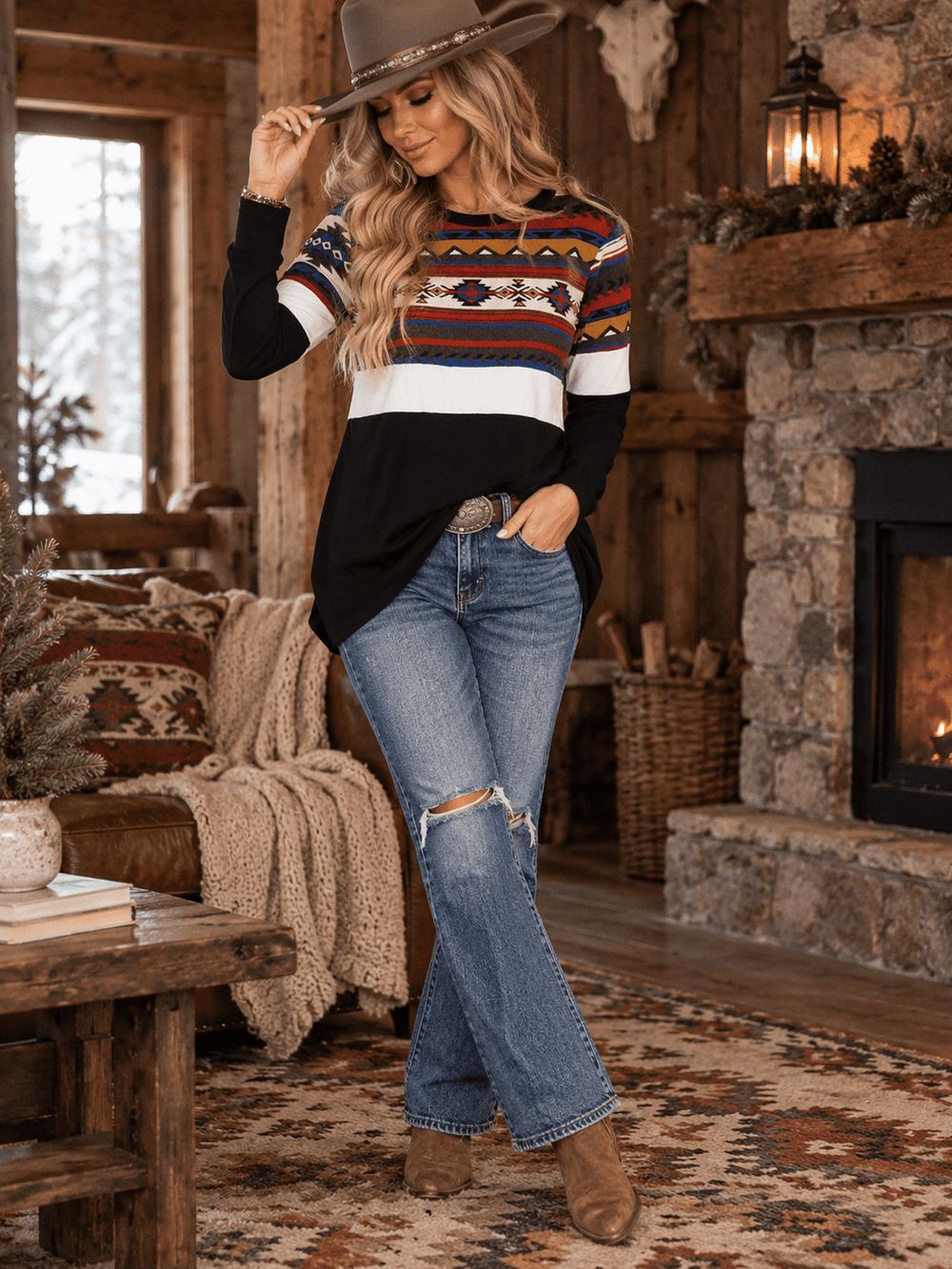 WOMEN'S LONG SLEEVE MULTI PRINT CONTRAST LOOSE FIT TOP
