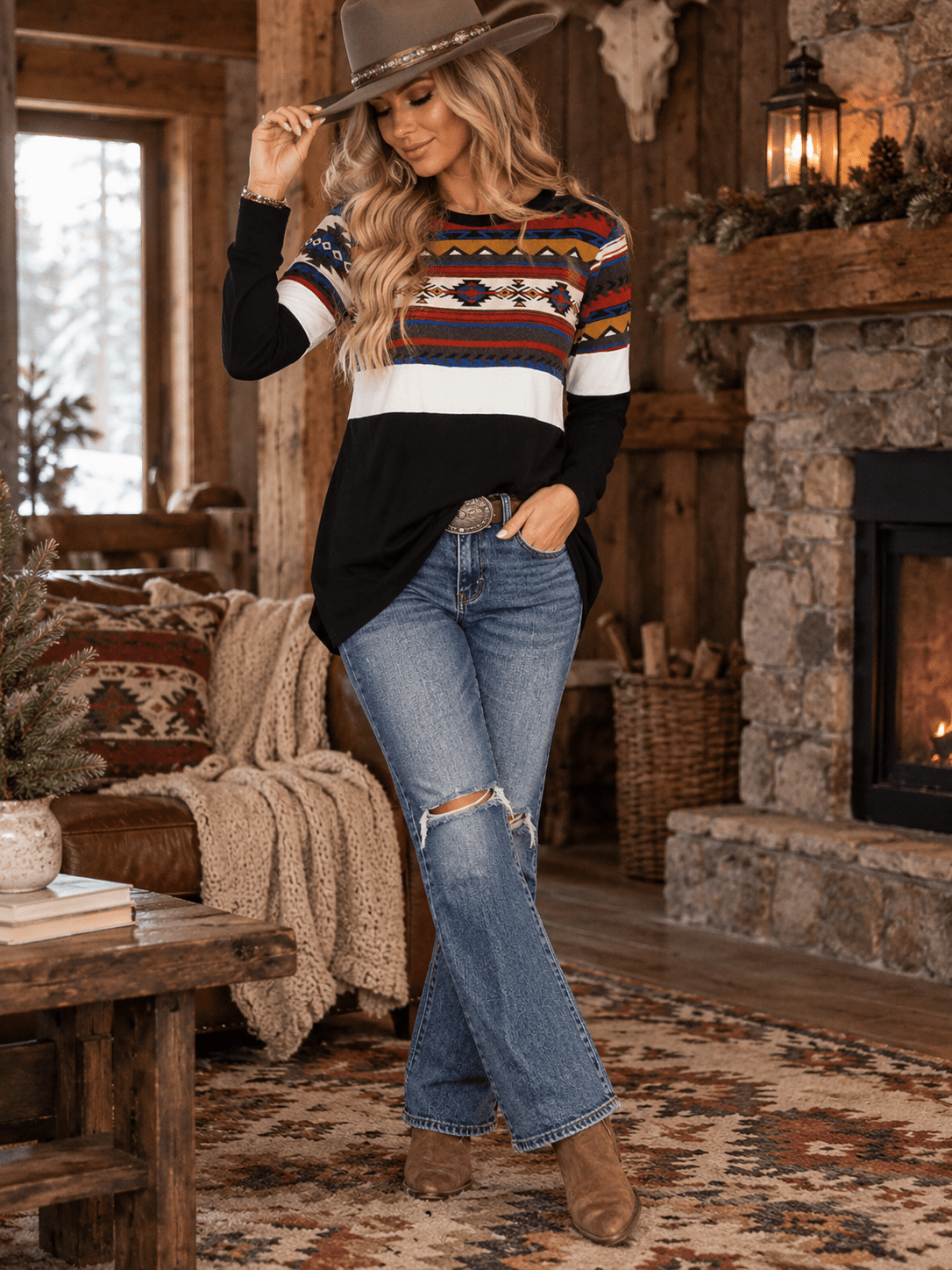 WOMEN'S LONG SLEEVE MULTI PRINT CONTRAST LOOSE FIT TOP