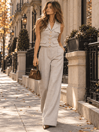 WOMEN'S SLEEVELESS BUTTON UP BLOUSE & BUTTON CLOSURE POCKETS WIDE LEG PANTS 2PC. SET