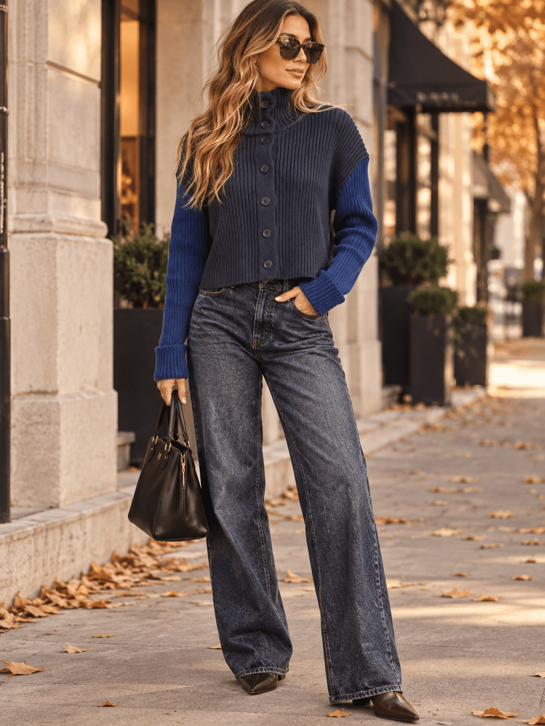 WOMEN'S LONG SLEEVE BUTTON UP TURTLE NECK RIBBED COLORBLOCK SWEATER