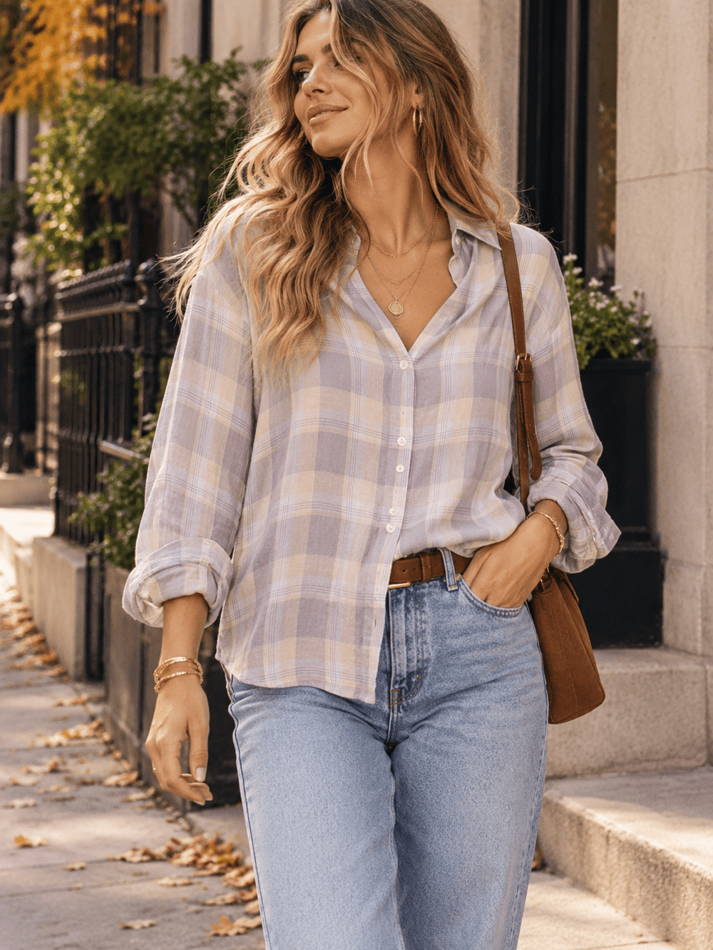 WOMEN'S LONG SLEEVE V-NECK BUTTON UP HIGH-LOW PLAID SHIRTS