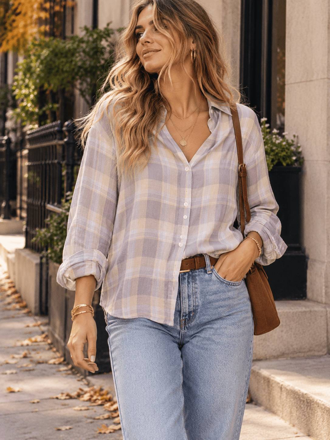 WOMEN'S LONG SLEEVE V-NECK BUTTON UP HIGH-LOW PLAID SHIRTS