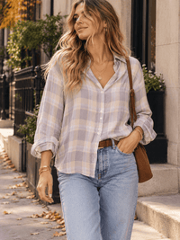 WOMEN'S LONG SLEEVE V-NECK BUTTON UP HIGH-LOW PLAID SHIRTS