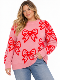 PLUS SIZE LONG SLEEVE BOWS GRAPHIC PULLOVER SWEATER