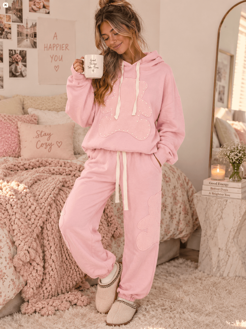 WOMEN'S LONG SLEEVE HOODED SWEATER & ELASTIC WAIST JOGGER LEG PANTS TEDDY BEAR 2PC. SET
