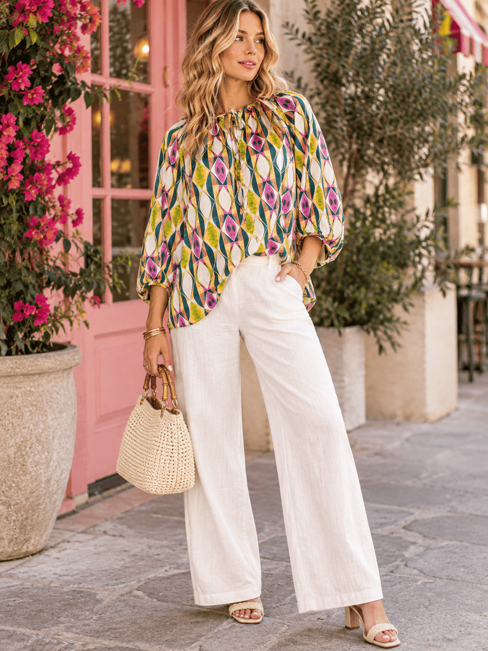 WOMEN'S 3/4 SLEEVE V-NECK MULTI PRINT TUNIC BLOUSE