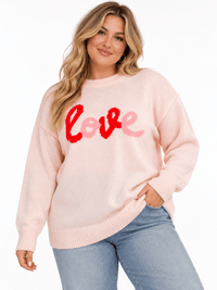 PLUS SIZE LONG SLEEVE LOVE PRINT PULLOVER COLORBLOCK SWEATER