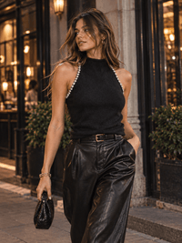 WOMEN'S SLEEVELESS MOCK NECK STUDS TRIM FUZZY TOP