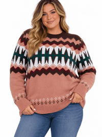 PLUS SIZE LONG SLEEVE MULTI PRINT PULLOVER SWEATER