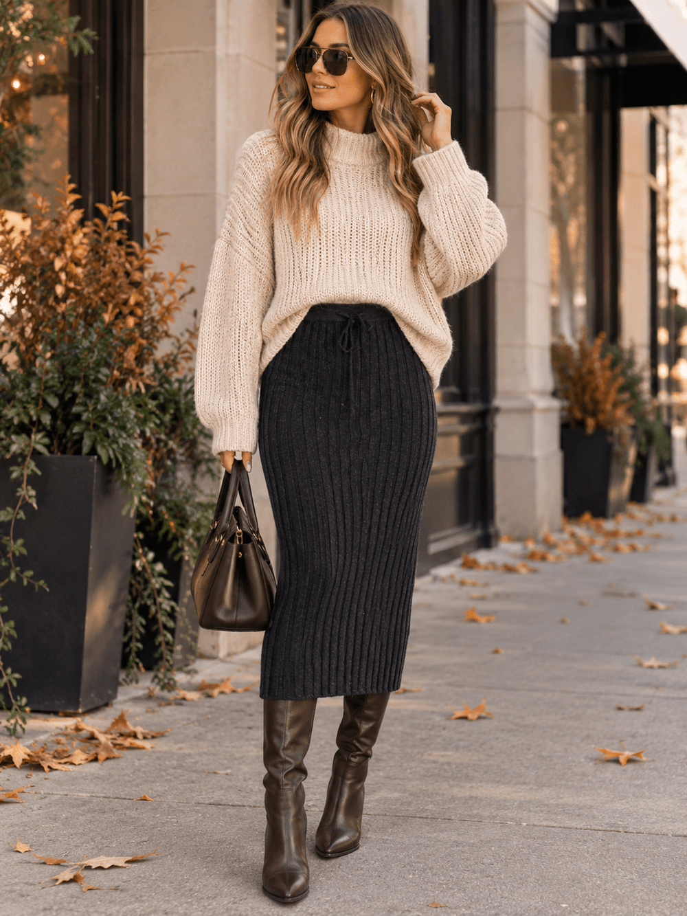 WOMEN'S ELASTIC WAIST SELF TIE RIBBED MAXI SKIRT