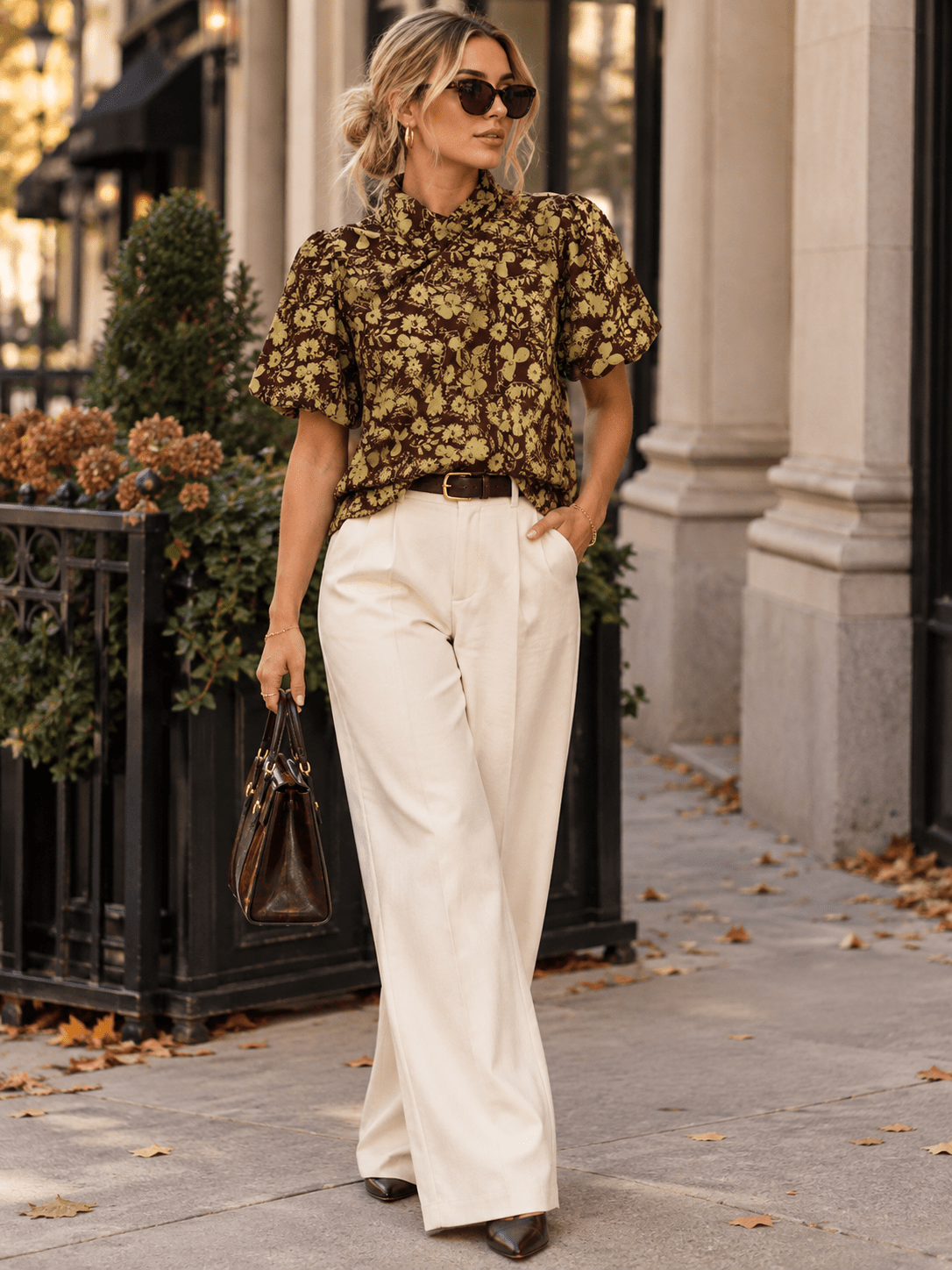 ENTRO WOMEN'S SHORT PUFF SLEEVE MOCK NECK FLORAL PRINT BLOUSE