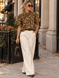 ENTRO WOMEN'S SHORT PUFF SLEEVE MOCK NECK FLORAL PRINT BLOUSE
