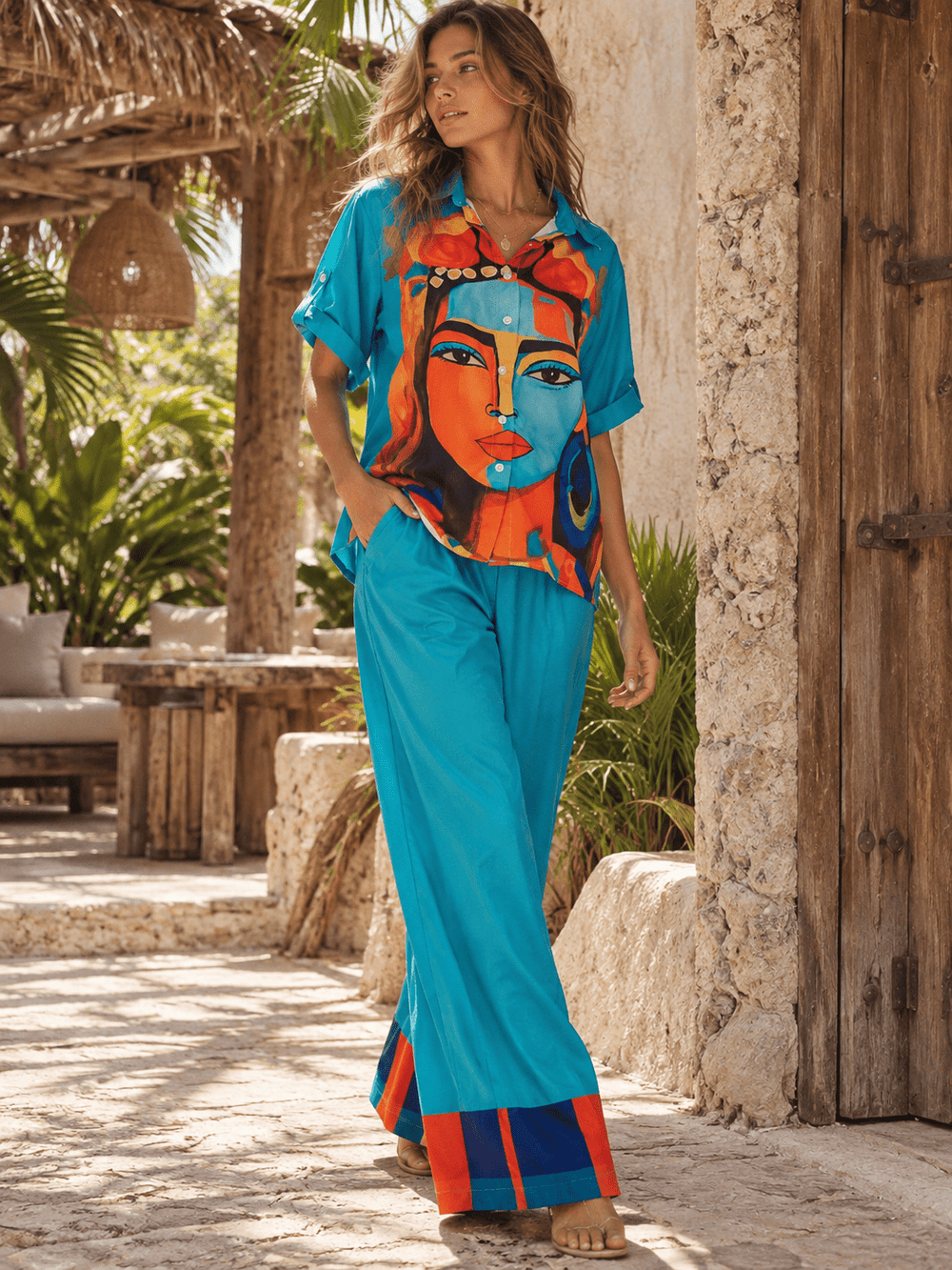 HALFHEART WOMEN'S SHORT SLEEVE BUTTON UP TOP & ELASTIC WAIST WIDE LEG PANTS MULTI PRINT 2PC. SET
