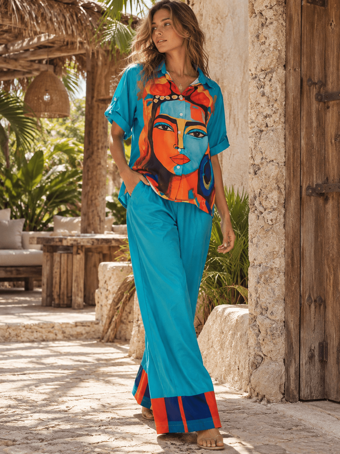 HALFHEART WOMEN'S SHORT SLEEVE BUTTON UP TOP & ELASTIC WAIST WIDE LEG PANTS MULTI PRINT 2PC. SET