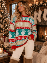 WOMEN'S LONG SLEEVE HOLIDAY PRINT SHIMMER PULLOVER SWEATER