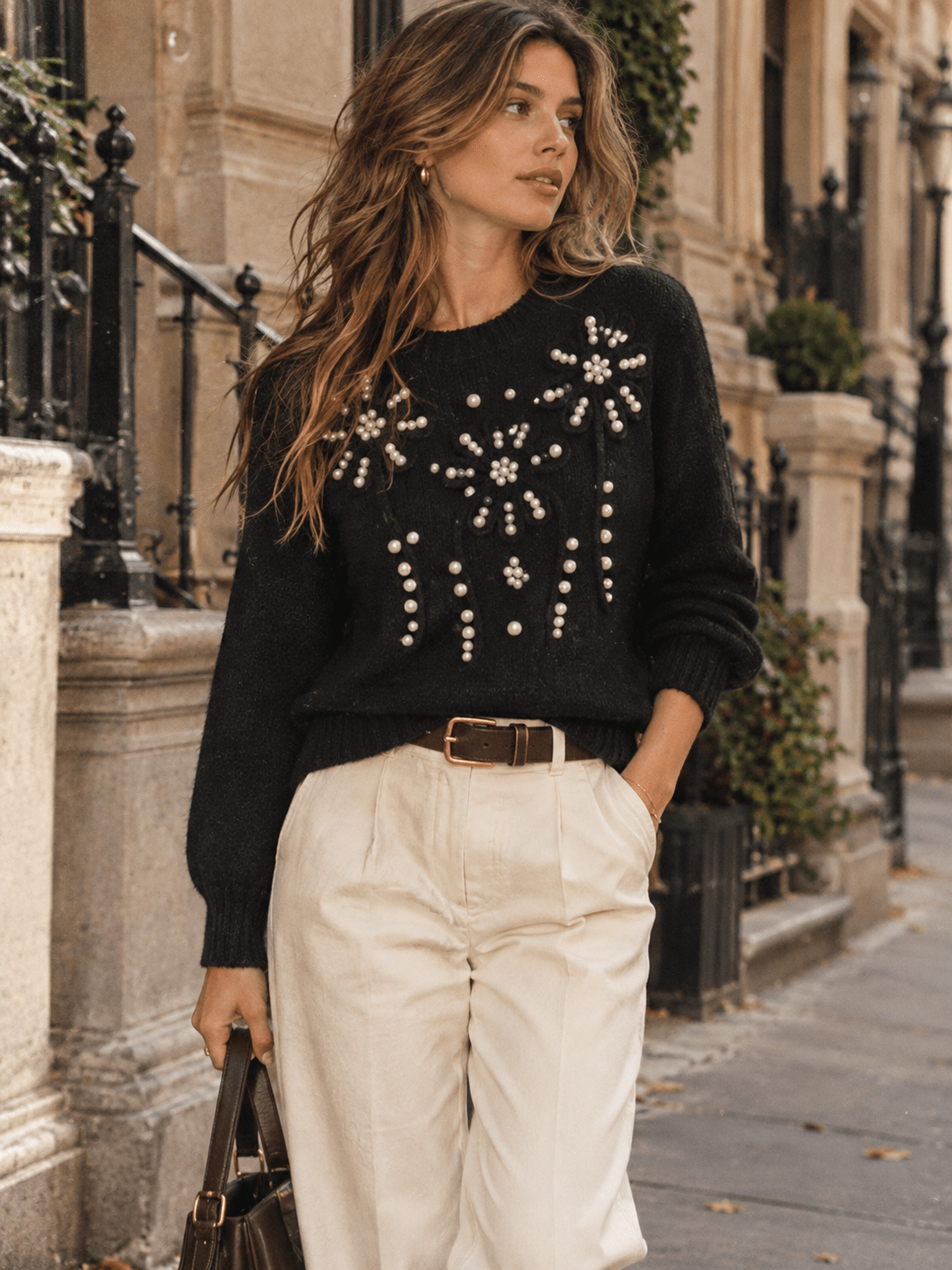 WOMEN'S LONG SLEEVE PEARL DETAILED PULLOVER SWEATER